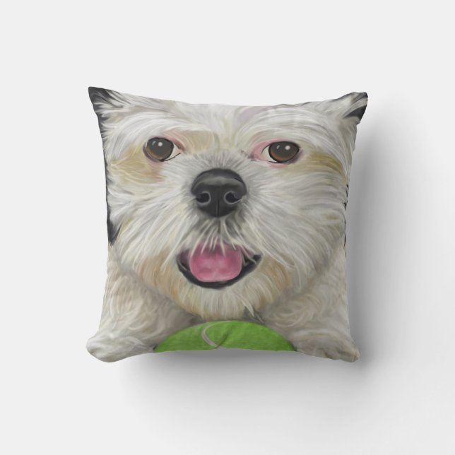 Black and White Shih Tzu Pillow with Tennis Ball (Front)