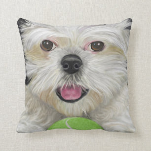 Black and White Shih Tzu Pillow with Tennis Ball