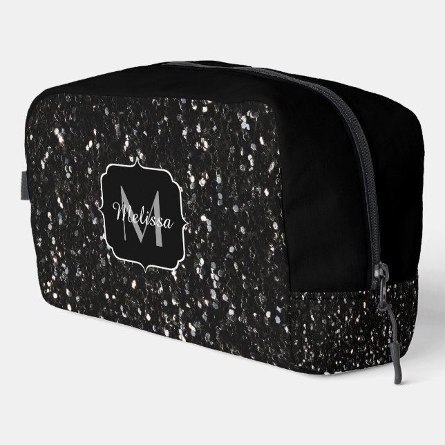 Black and white shiny glitter sparkles Monogram Dopp Kit (Right Corner)
