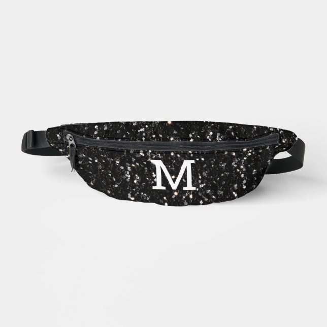 Black and white shiny glitter sparkles Monogram Fanny Pack (Front)