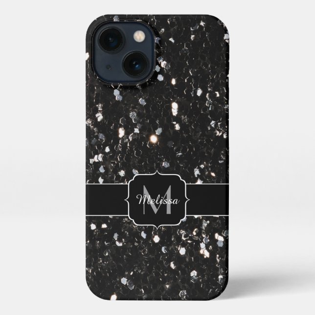 Black and white shiny glitter sparkles Monogram iPhone Case (Back)