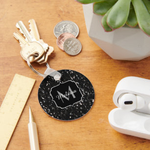 Black and white shiny glitter sparkles Monogram Keychain
