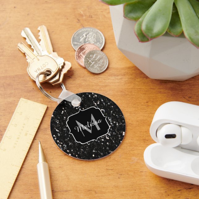 Black and white shiny glitter sparkles Monogram Keychain (Desk)
