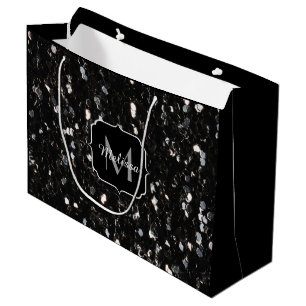 Black and white shiny glitter sparkles Monogram Large Gift Bag
