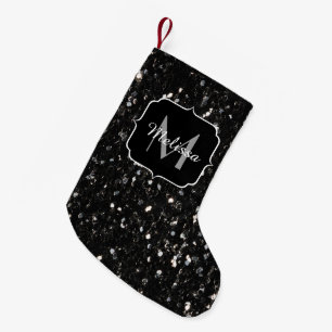 Black and white shiny glitter sparkles Monogram Small Christmas Stocking