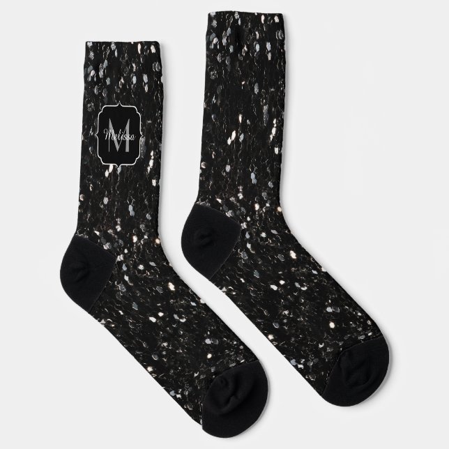 Black and white shiny glitter sparkles Monogram Socks (Right)