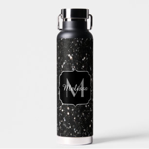 Black and white shiny glitter sparkles Monogram Water Bottle