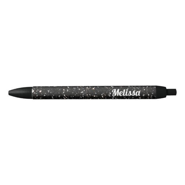 Black and white shiny glitter sparkles Personalize Black Ink Pen (Front)