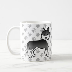 Black And White Siberian Husky Cartoon Dog & Paws Coffee Mug