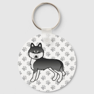 Black And White Siberian Husky Cartoon Dog & Paws Keychain