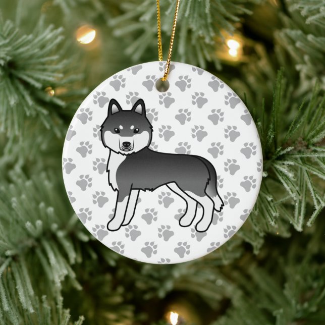 Black And White Siberian Husky Cute Cartoon Dog Ceramic Ornament (Tree)