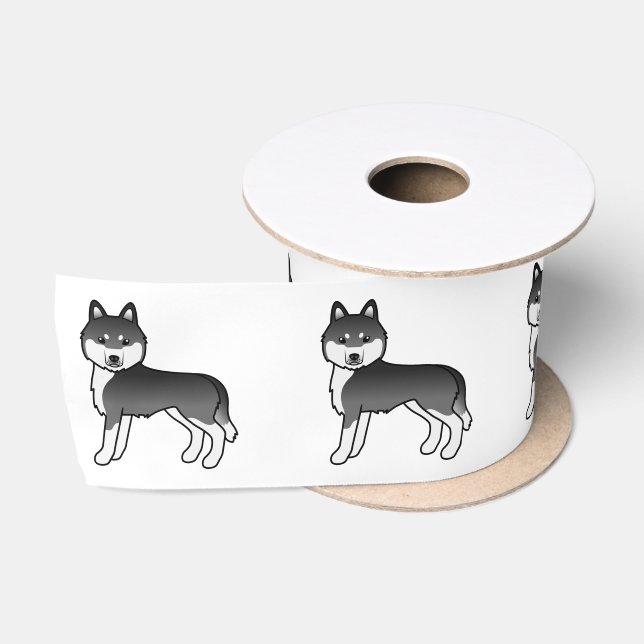 Black And White Siberian Husky Cute Cartoon Dog Satin Ribbon (Spool)