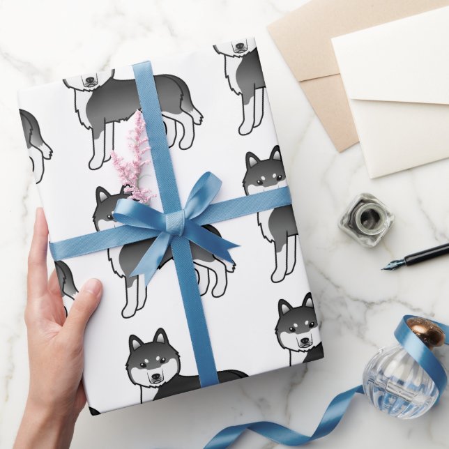 Black And White Siberian Husky Cute Dog Pattern Wrapping Paper (Gifting)