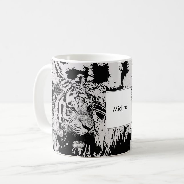 Black and white Siberian tiger print monogram name Coffee Mug (Front Left)