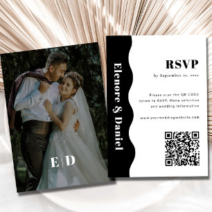 Black and White Side Wave QR code Photo Wedding RSVP Card