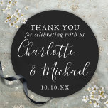 Black And White Signature Wedding Favour Thank You Classic Round Sticker<br><div class="desc">Black and white signature wedding favour thank you classic round sticker featuring signature style names. Personalize with your special thank you information in chic white typography. Designed by Thisisnotme©</div>