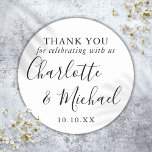 Black And White Signature Wedding Favour Thank You Classic Round Sticker<br><div class="desc">Black and white signature wedding favour thank you classic round sticker featuring signature style names. Personalize with your special thank you information in chic typography. Designed by Thisisnotme©</div>