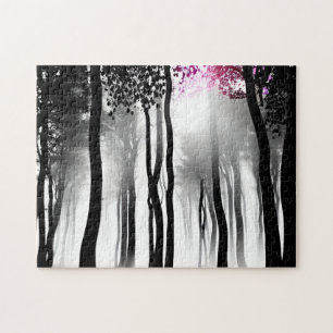 Black and White Silhouette Forest and Tiny Purple Jigsaw Puzzle