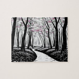 Black and White Silhouette Forest of Purple Leaves Jigsaw Puzzle