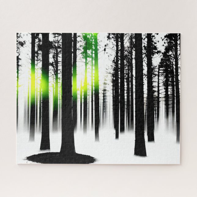 Black and White Silhouette Forest with Green Glow Jigsaw Puzzle (Horizontal)