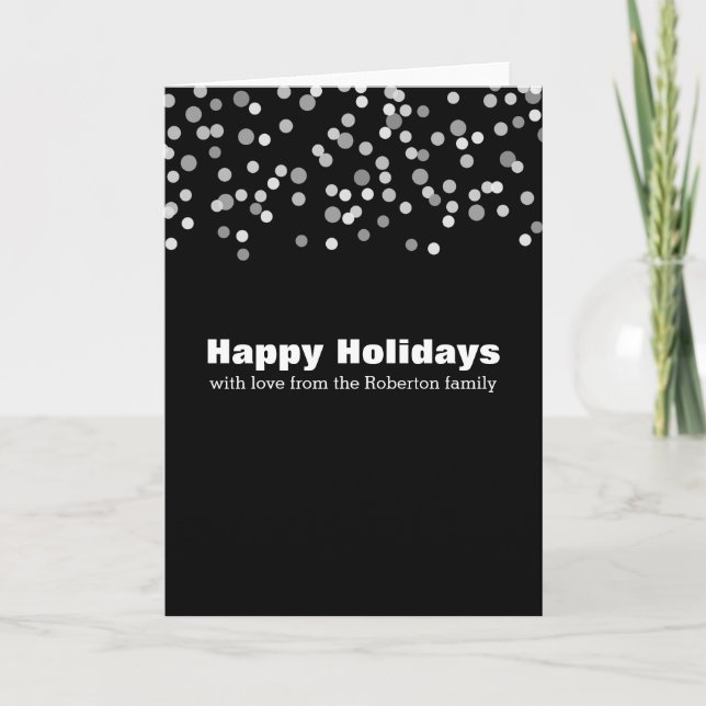Black and White Silver Confetti Personalized Holiday Card (Front)