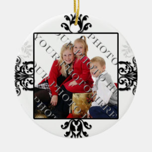 Black and White Silver Damask Photo Ceramic Ornament