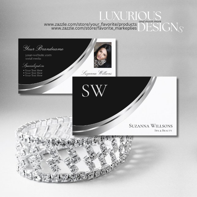 Black and White Silver Decor with Monogram & Photo Business Card (Creator Uploaded)