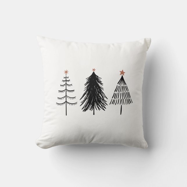 Black and White Simple 3 Pine Trees Throw Pillow (Front)