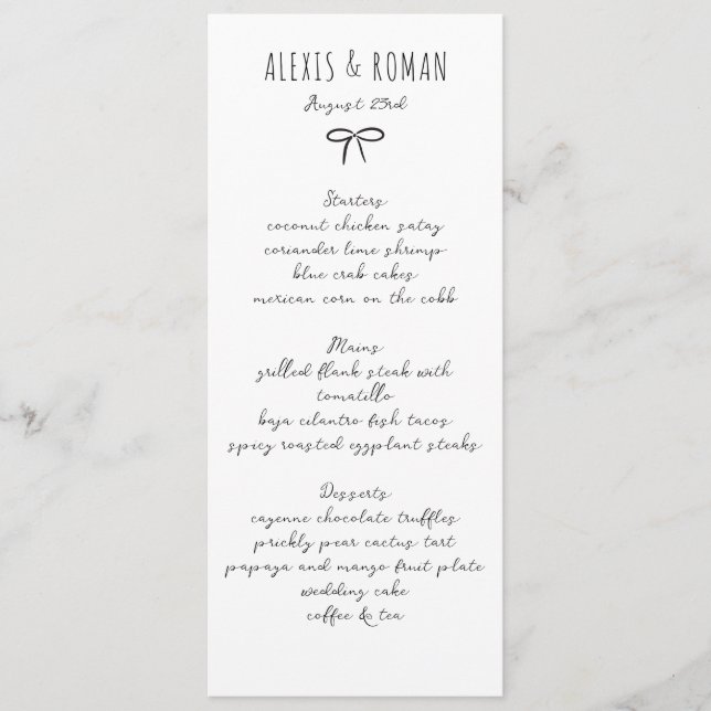 Black and White Simple Bow Handwritten  Menu (Front)