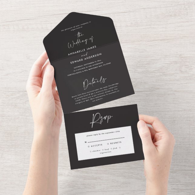  black and white simple elegant script wedding all in one invitation (Tearaway)