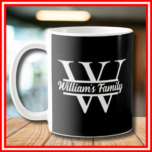 Black and White   Simple Family Name Monogram  Coffee Mug