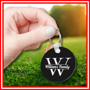 Black and White   Simple Family Name Monogram  Keychain