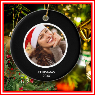 Black and White Simple Family Name Monogram PHOTO Ceramic Ornament
