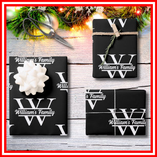 Black and White   Simple Family Name Monogram  Wrapping Paper Sheet