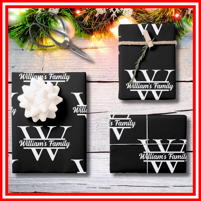Black and White | Simple Family Name Monogram  Wrapping Paper Sheet (Creator Uploaded)