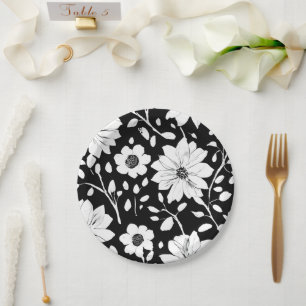 Black and White Simple Flower Seamless Pattern Paper Plate