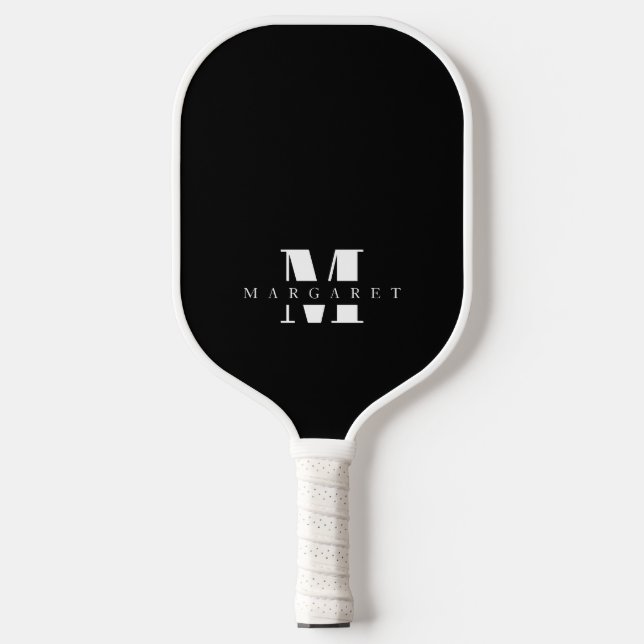 Black and White Simple Minimalist Monogram Name Pickleball Paddle (Front)