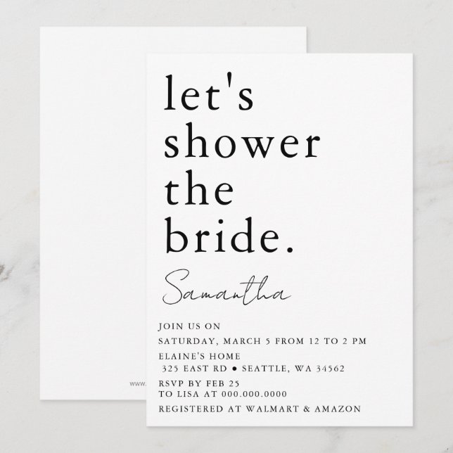 Black and White Simple Modern Bridal Shower Invitation (Front/Back)