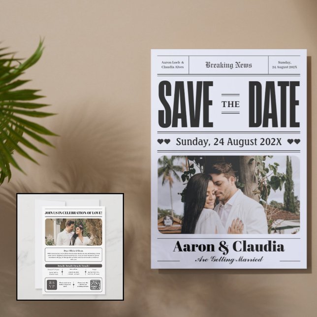 Black and White Simple Newspaper Save the Date  (Black and White Simple Newspaper Save the Date)