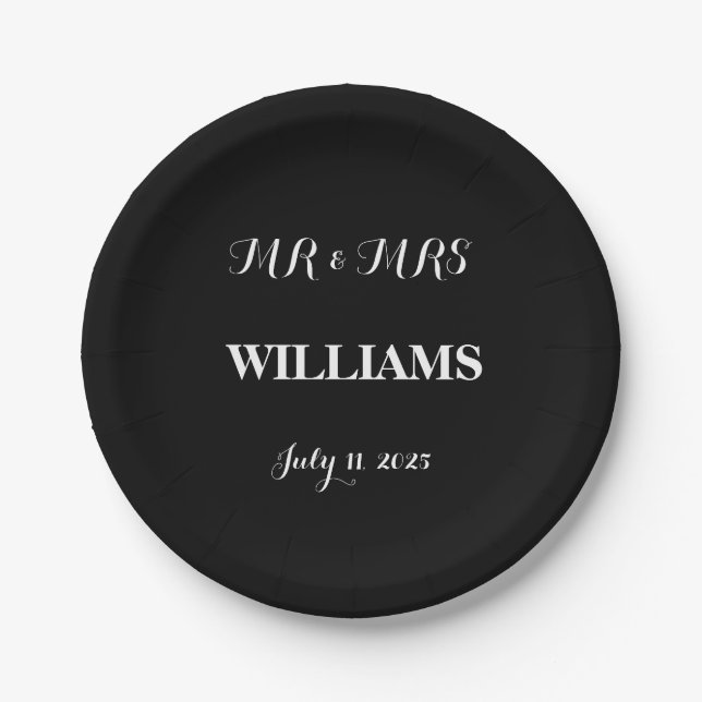 Black and White Simple Script Minimalist Wedding Paper Plate (Front)