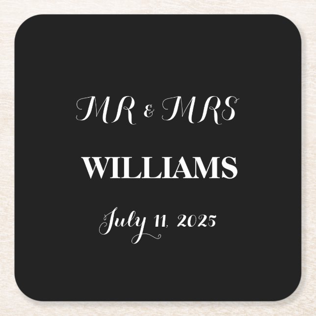 Black and White Simple Script Minimalist Wedding Square Paper Coaster (Front)