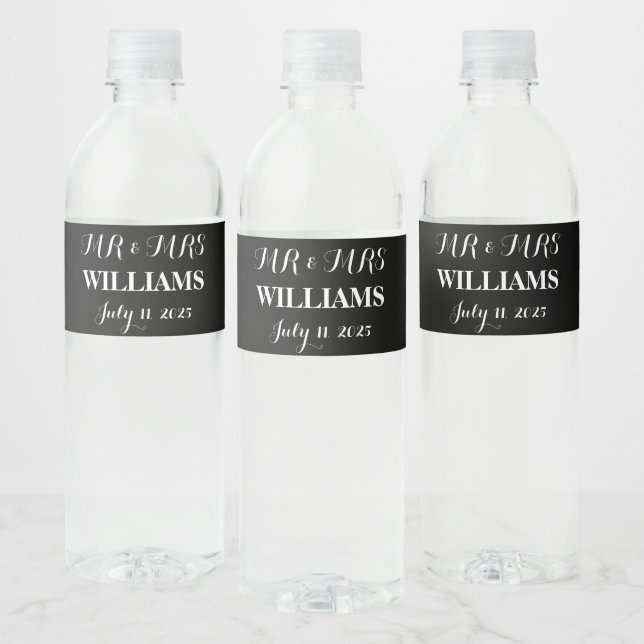 Black and White Simple Script Minimalist Wedding Water Bottle Label (Bottles)