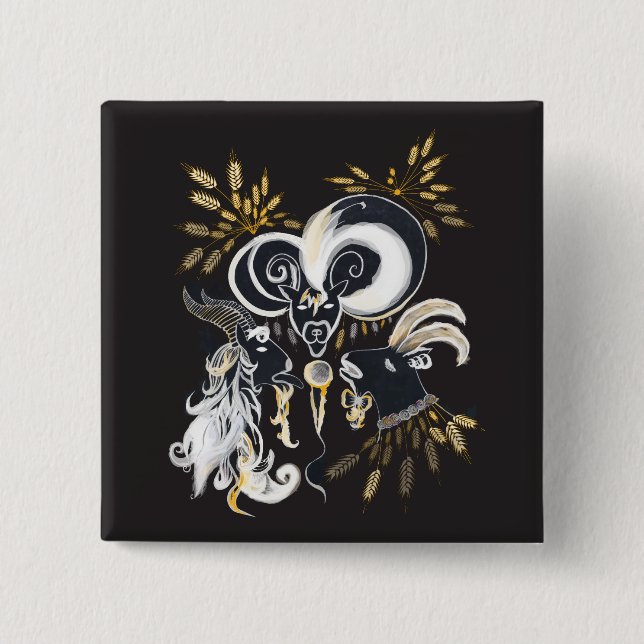 Black and white Singing Goats ink illustration 2 Inch Square Button (Front)