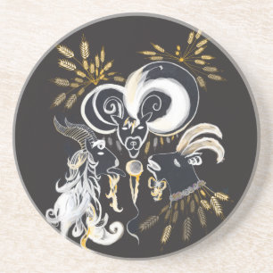 Black and white Singing Goats ink illustration Coaster