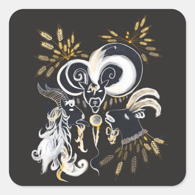 Black and white Singing Goats ink illustration Square Sticker (Front)