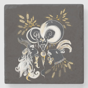 Black and white Singing Goats ink illustration Stone Coaster