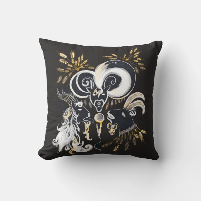 Black and white Singing Goats ink illustration Throw Pillow (Front)