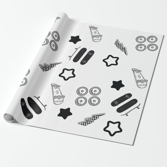 Black and White Skateboarding Wrapping Paper (Unrolled)