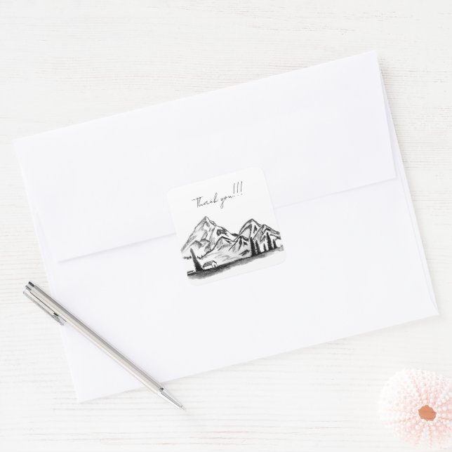 black and white sketch of Mountains Square Sticker (Envelope)