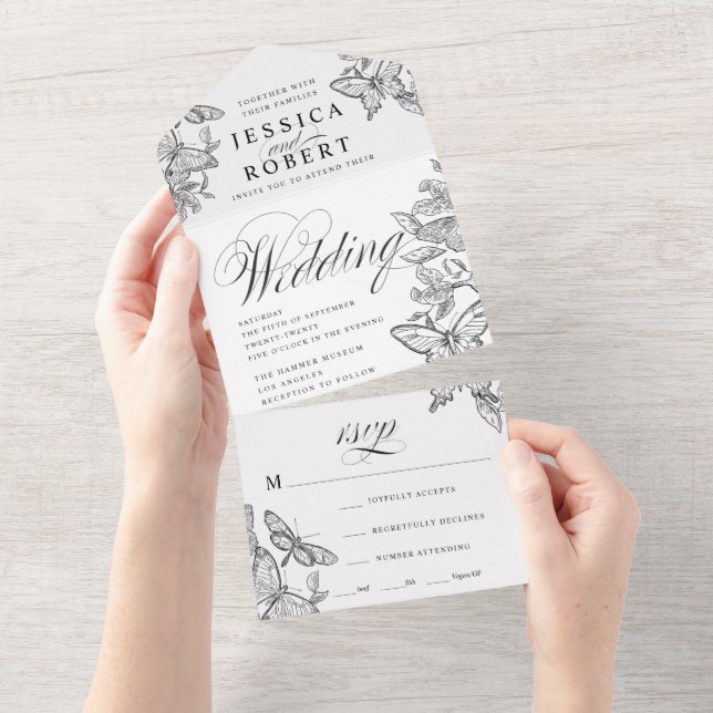 Black and White Sketched Butterflies All In One In All In One Invitation (Tearaway)